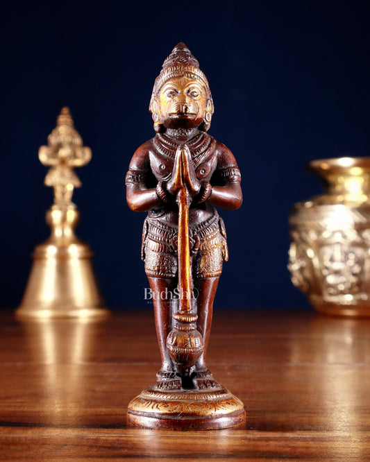 Pure Brass Standing Hanuman Ji in Namaskar 5Mudra – Dual Tone 5.2" - Sama Homes Idol - Brass Sculpture