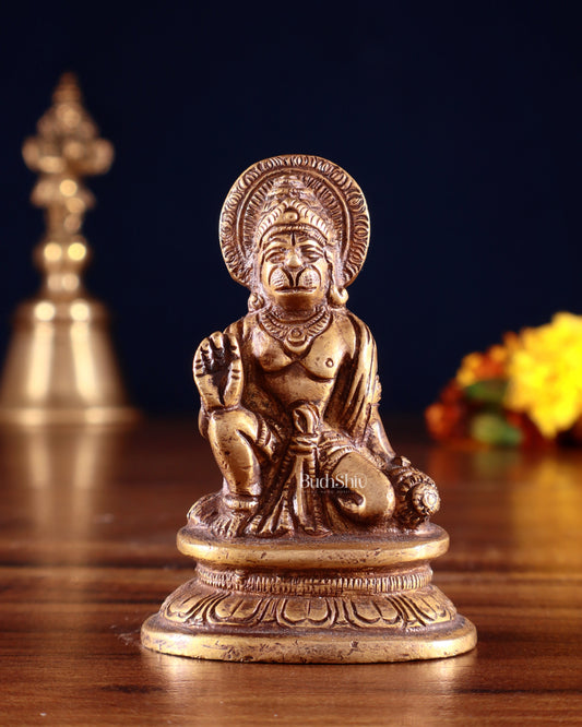 Pure Brass Miniature Hanuman Ji Idol in Blessing Mudra 3" - Sama Homes Idol - Brass Sculpture