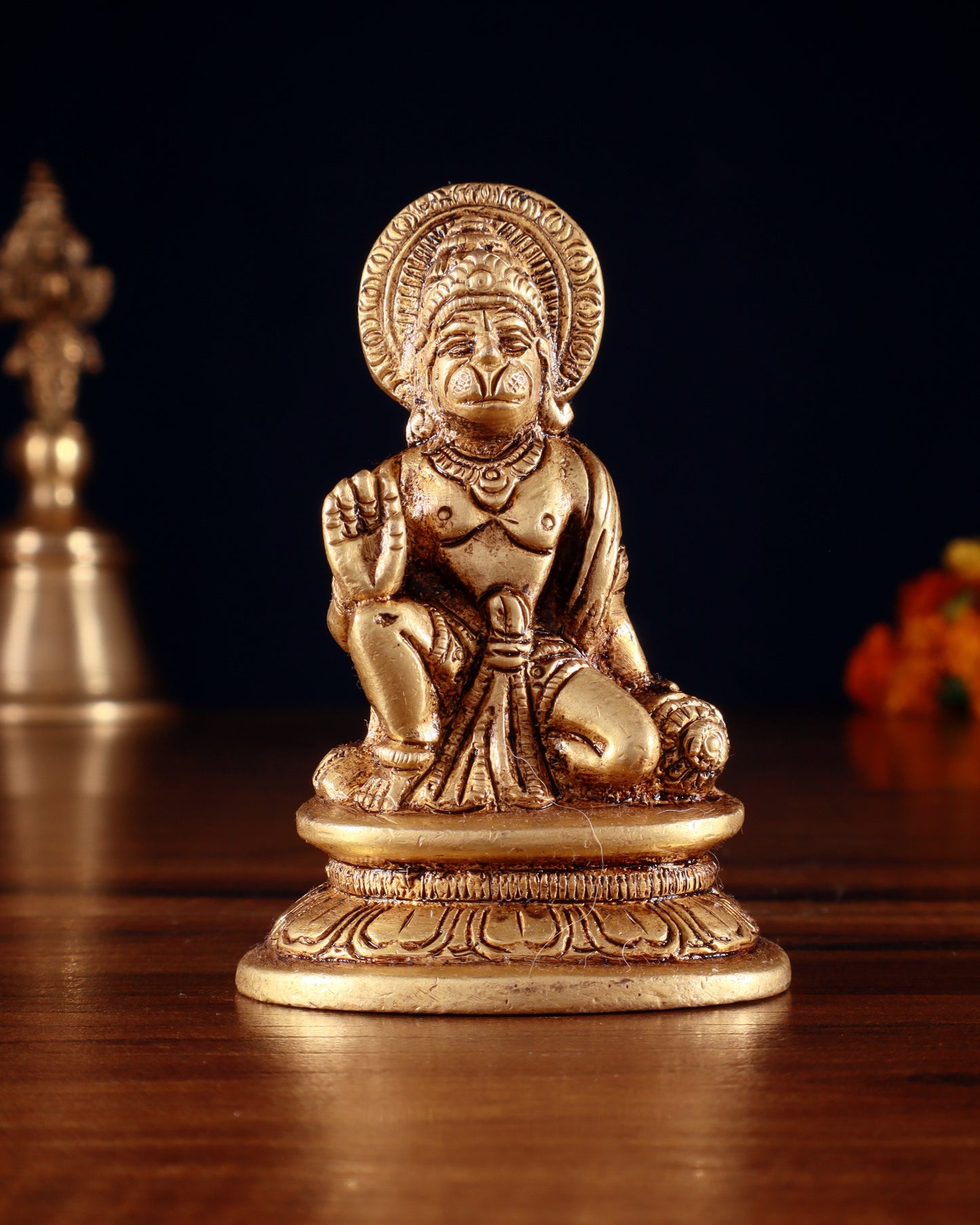 Pure Brass Miniature Hanuman Ji Idol in Blessing Mudra 3" - Sama Homes Idol - Brass Sculpture
