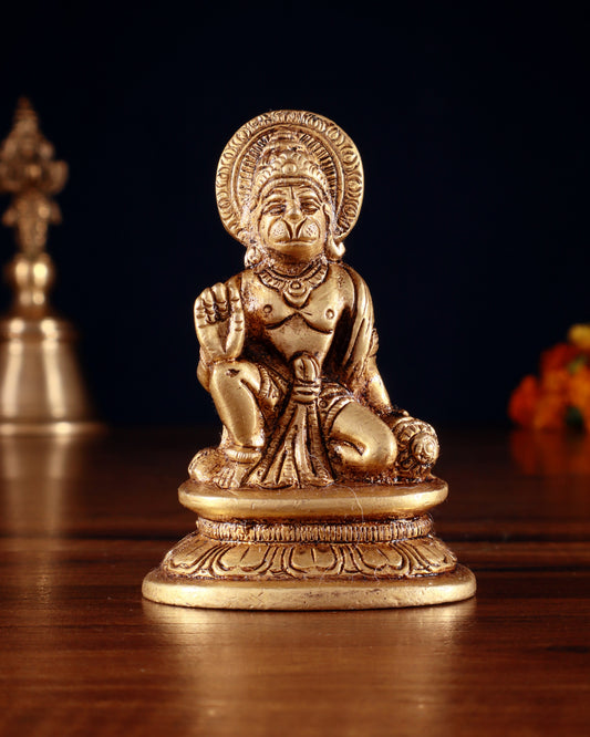Pure Brass Miniature Hanuman Ji Idol in Blessing Mudra 3" - Sama Homes Idol - Brass Sculpture