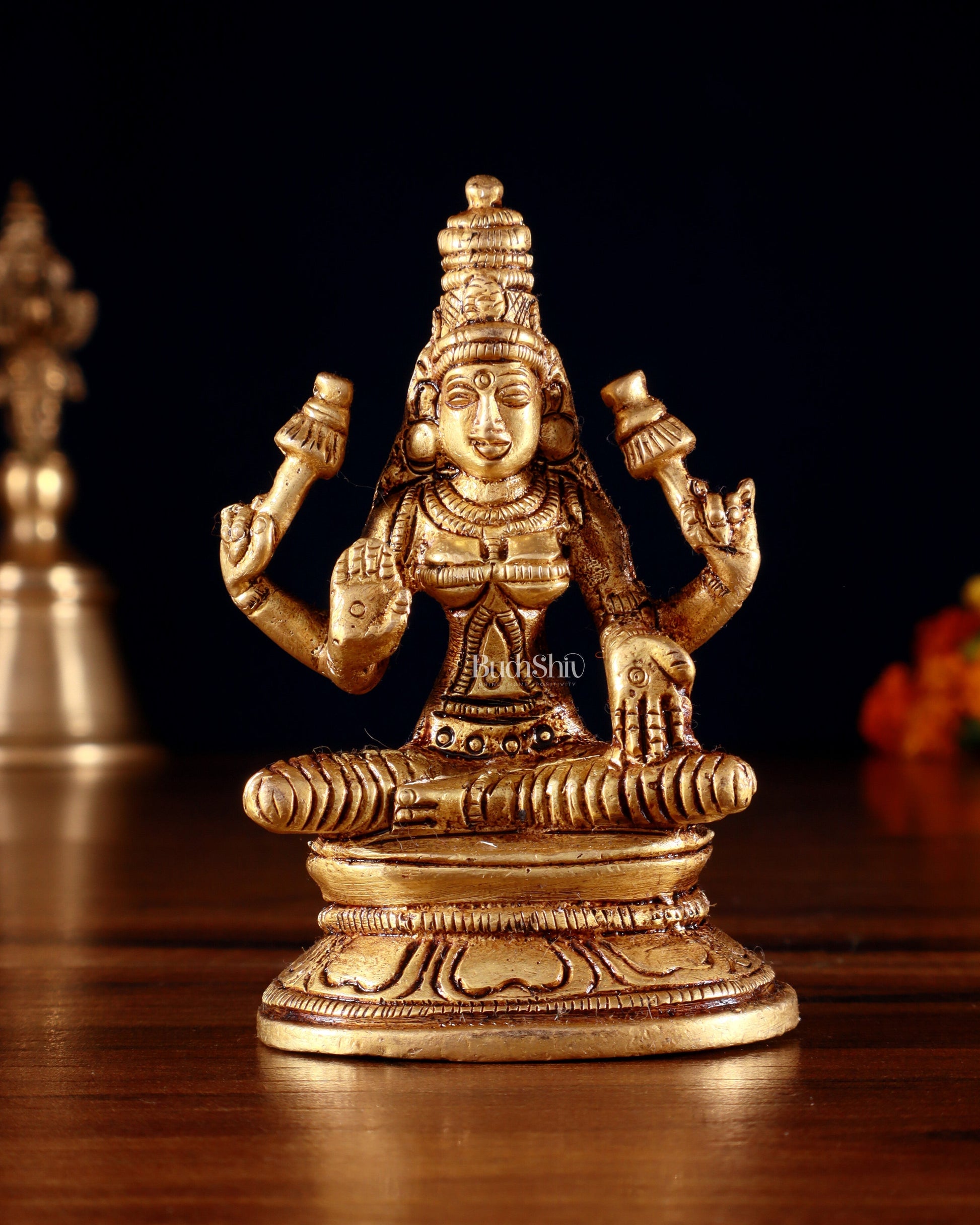 Pure Brass Small Goddess Lakshmi Idol | 3.5 Inch golden butter tone - Sama Homes Idol - Brass Sculpture - Eco-friendly - Sama Homes