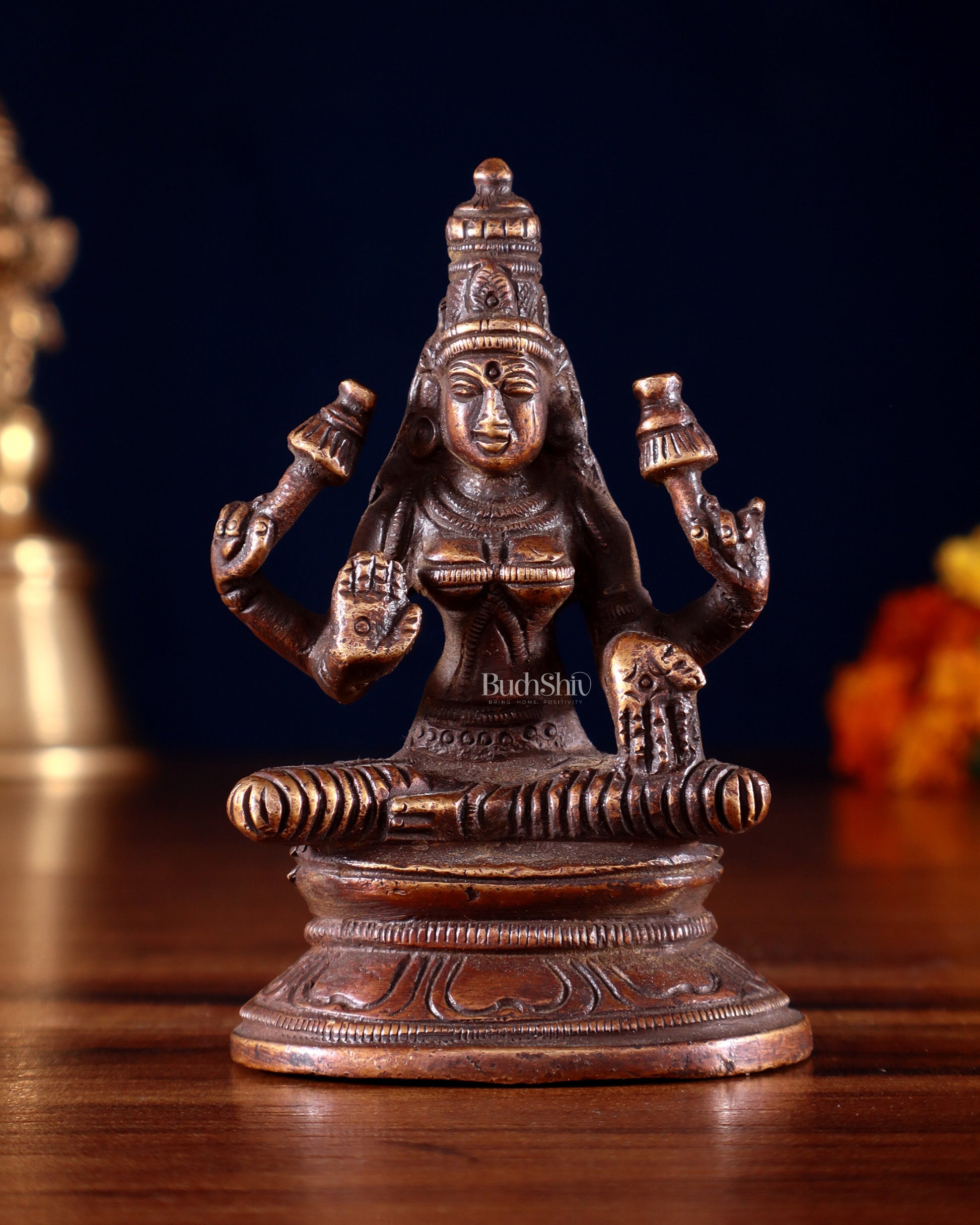 Pure Brass Small Goddess Lakshmi Idol | 3.5 Inch Dark antique - Sama Homes Idol - Brass Sculpture - Eco-friendly - Sama Homes