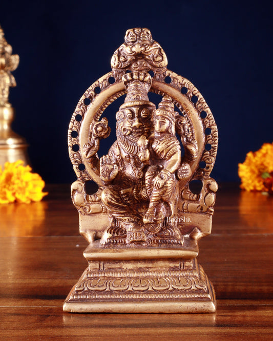 Pure Brass Narasimha Lakshmi with Back Frame Idol | Height: 4.5 inch - Sama Homes Idol - Brass Sculpture