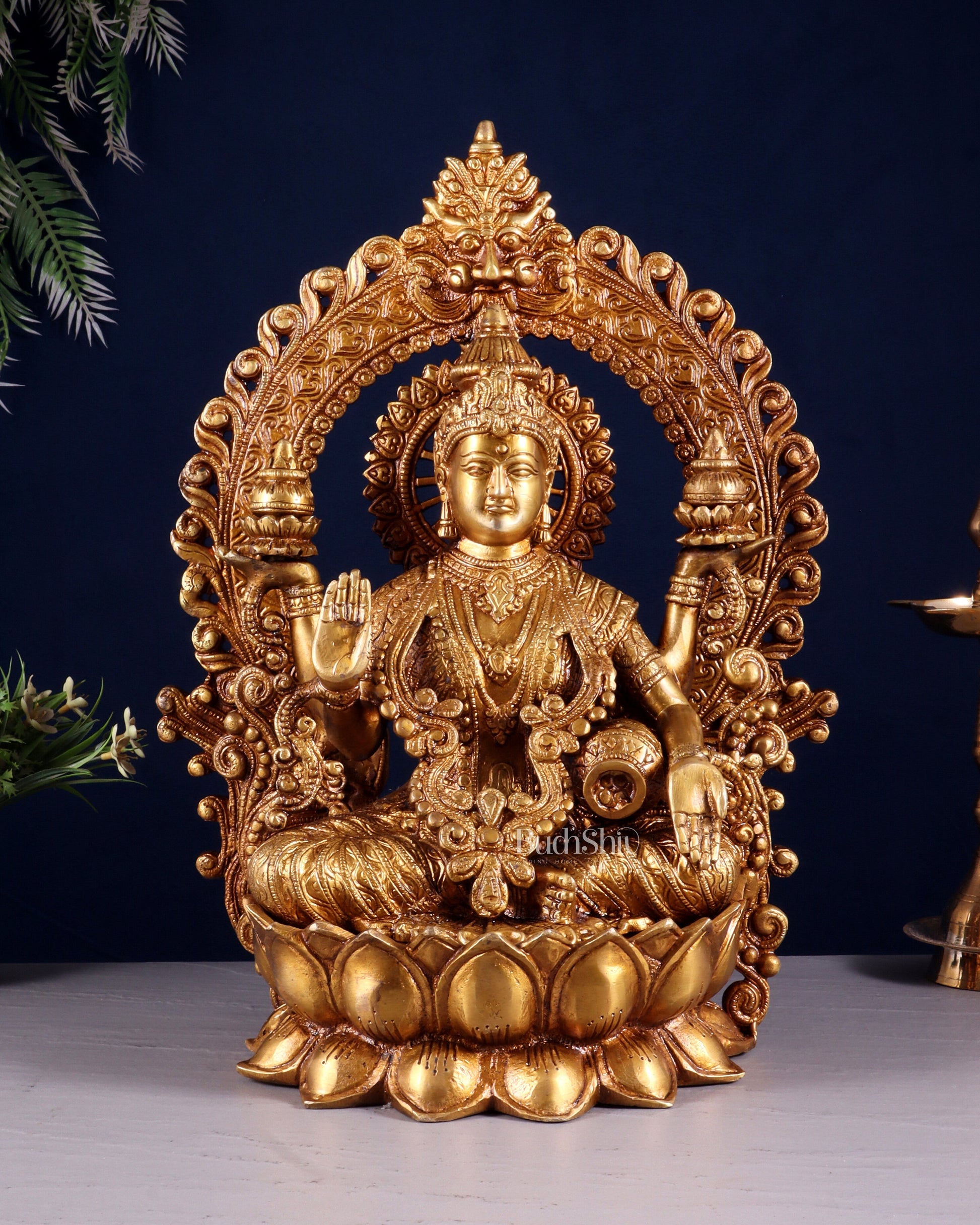 Pure Brass Goddess Lakshmi with Prabhavali Arch Statue - 15" - Sama Homes Idol - Brass Sculpture - Eco-friendly - Sama Homes