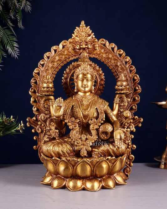 Pure Brass Goddess Lakshmi with Prabhavali Arch Statue - 15" - Sama Homes Idol - Brass Sculpture