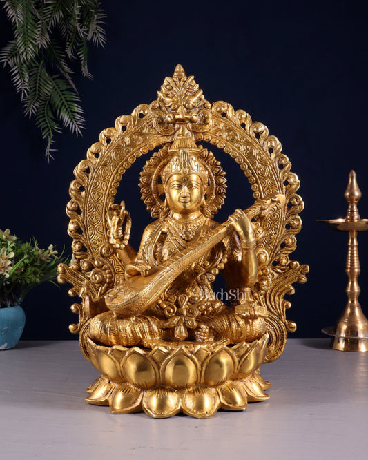 Pure Brass Goddess Saraswati with Prabhavali Arch Statue - 15" - Sama Homes Idol - Brass Sculpture