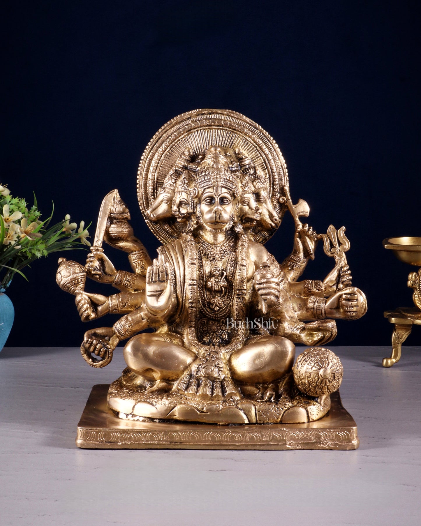 Pure Brass Superfine Panchmukhi Hanuman Statue - 10 inch matte - Sama Homes Idol - Brass Sculpture
