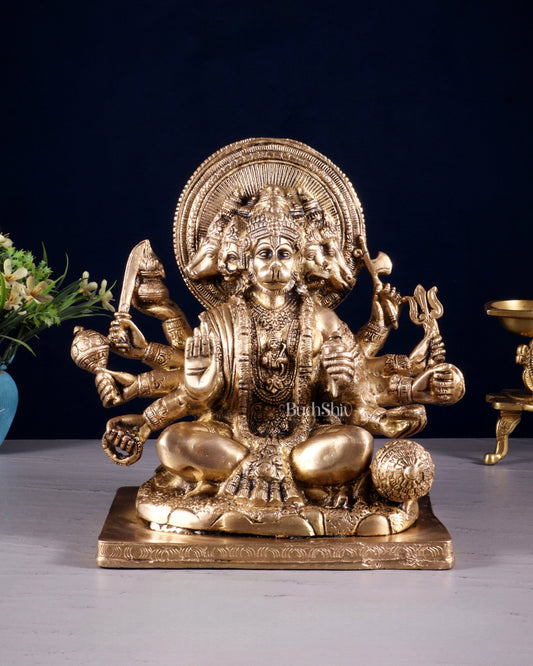 Pure Brass Superfine Panchmukhi Hanuman Statue - 10 inch matte - Sama Homes Idol - Brass Sculpture