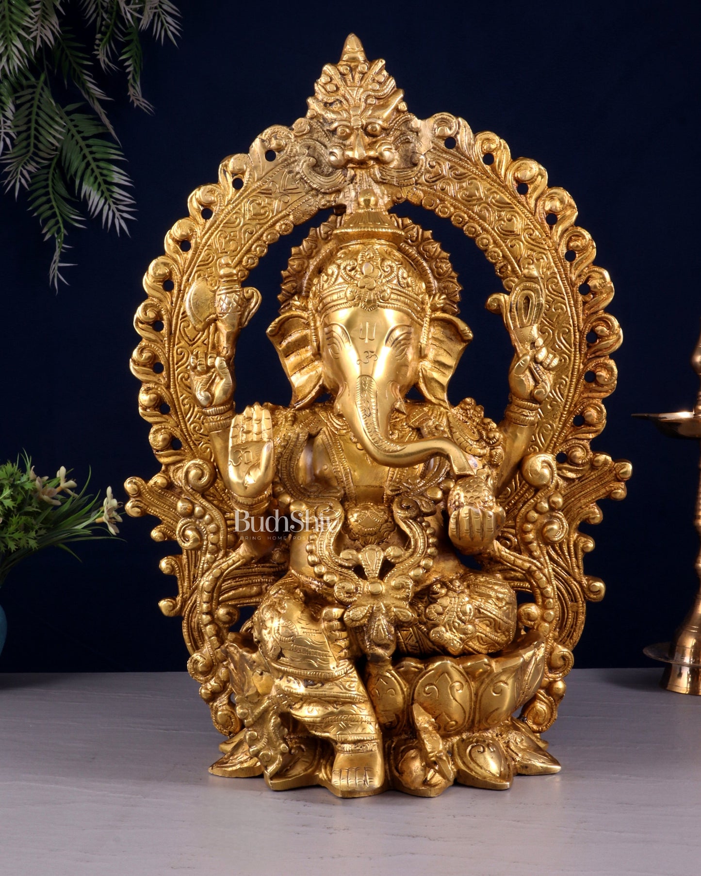Pure Brass Lord Ganesha with Prabhavali Arch Statue – Fine Quality 15 inch - Sama Homes Idol - Brass Sculpture