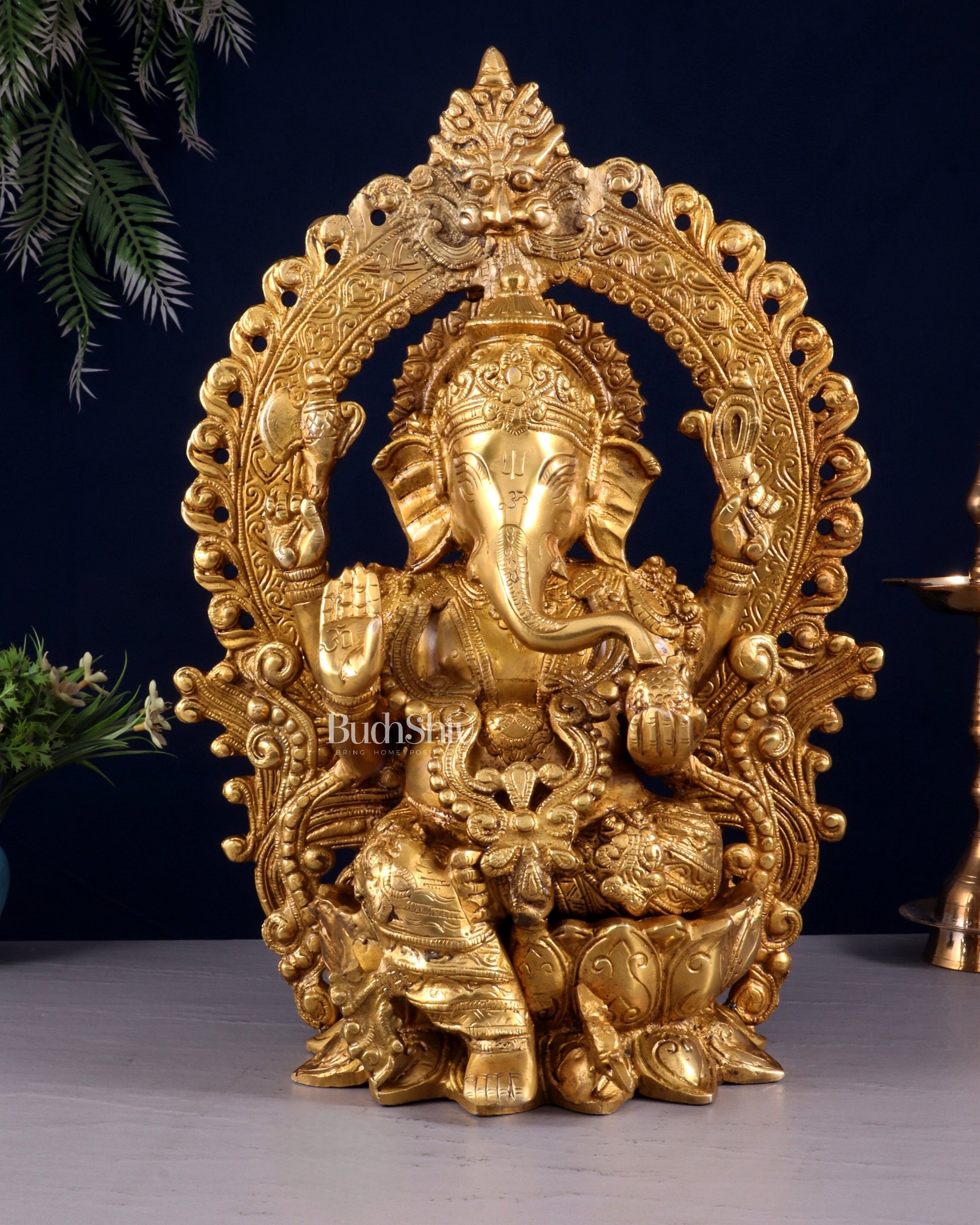 Pure Brass Lord Ganesha with Prabhavali Arch Statue – Fine Quality 15 inch - Sama Homes Idol - Brass Sculpture - Eco-friendly - Sama Homes