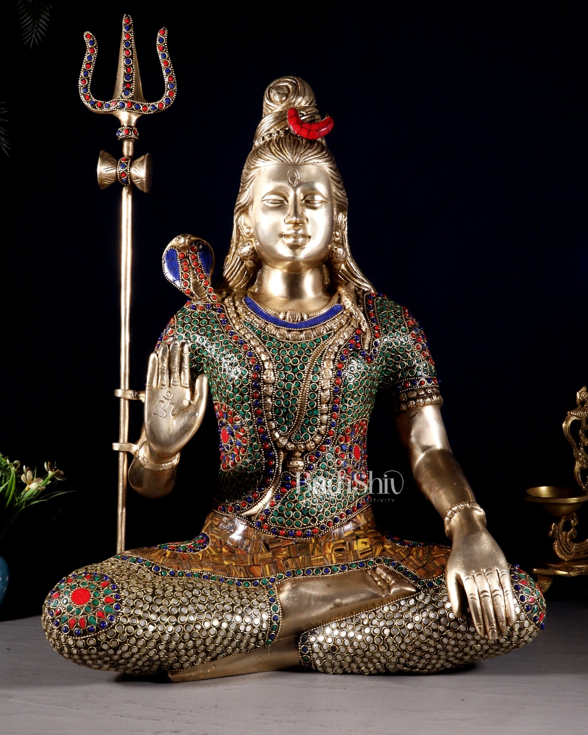 Lord Shiva Brass Idol 20 inch with stonework - Sama Homes Idol - Brass Sculpture - Eco-friendly - Sama Homes