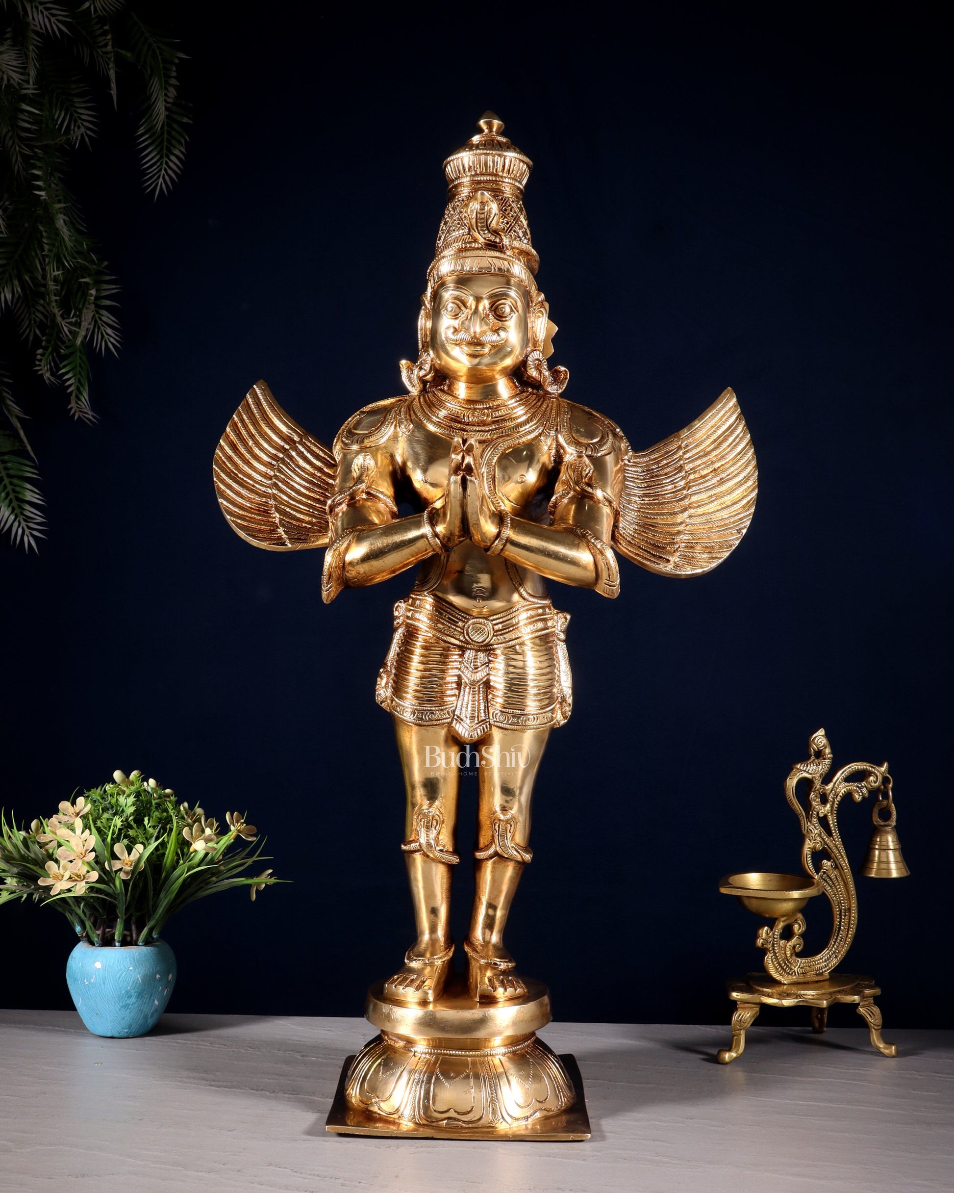 Brass Standing Garuda Dev Statue - Golden Finish, 22" Tall, 11 kg | 100% Certified Copper & Brass - Sama Homes Idol - Brass Sculpture - Eco-friendly - Sama Homes