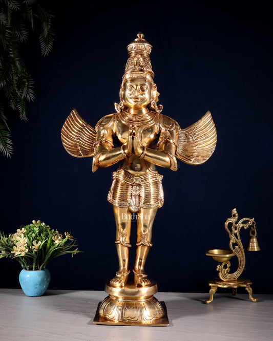 Brass Standing Garuda Dev Statue - Golden Finish, 22" Tall, 11 kg | 100% Certified Copper & Brass - Sama Homes Idol - Brass Sculpture
