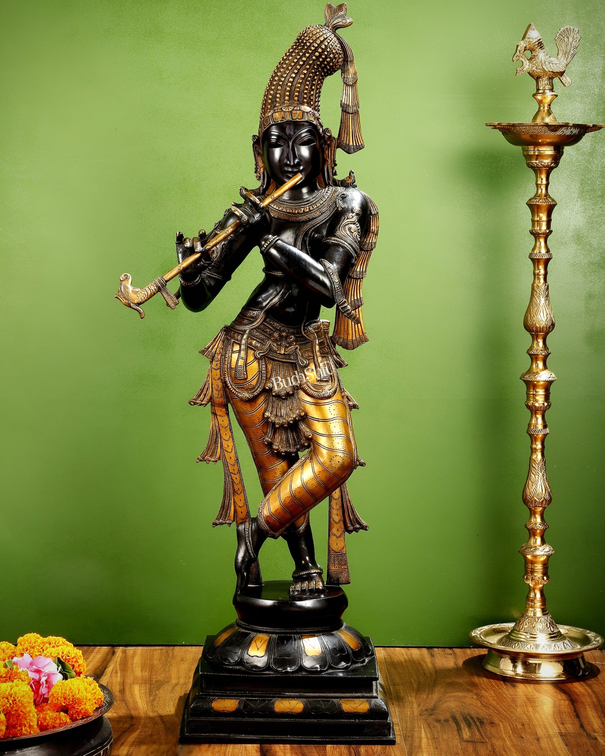 Pure brass large Krishna kerala style 36" black and golden tone - Sama Homes Idol - Brass Sculpture - Eco-friendly - Sama Homes