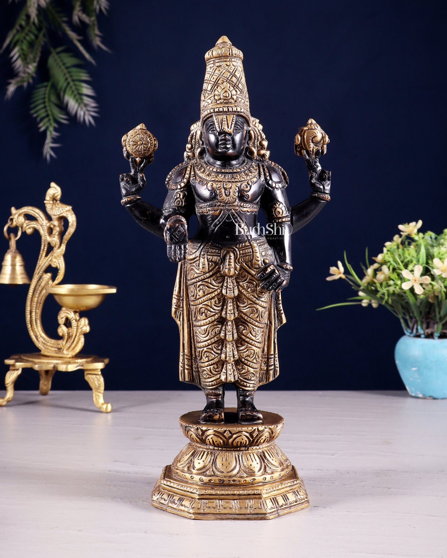 Black & Gold Brass Tirupati Balaji Statue | 12" Height | 100% Certified Copper & Brass - Sama Homes Idol - Brass Sculpture