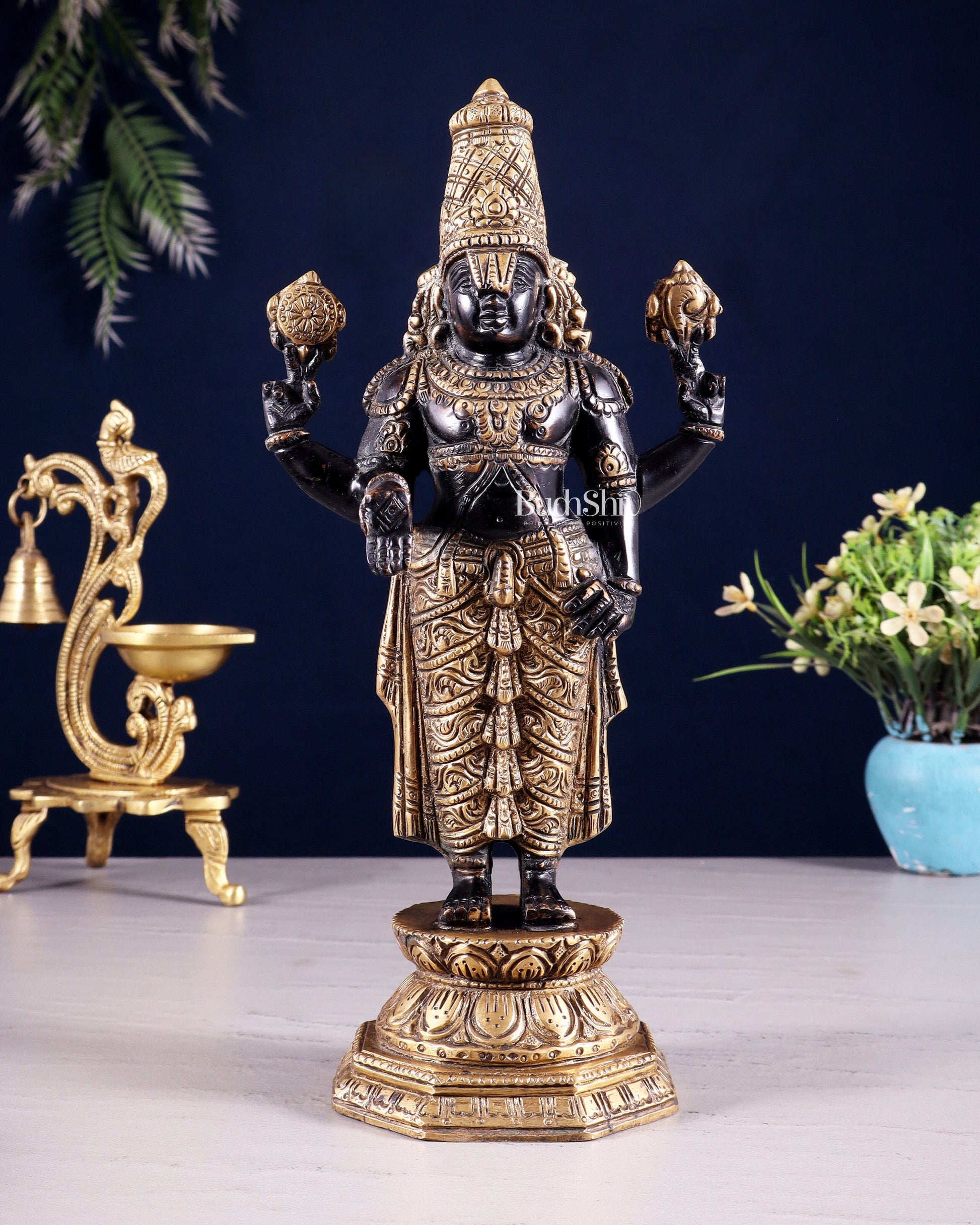 Black & Gold Brass Tirupati Balaji Statue | 12" Height | 100% Certified Copper & Brass - Sama Homes Idol - Brass Sculpture - Eco-friendly - Sama Homes