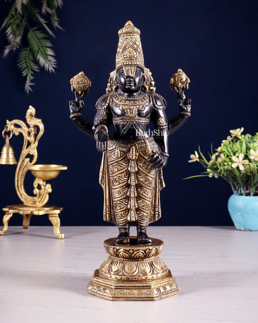 Black & Gold Brass Tirupati Balaji Statue | 12" Height | 100% Certified Copper & Brass - Sama Homes Idol - Brass Sculpture