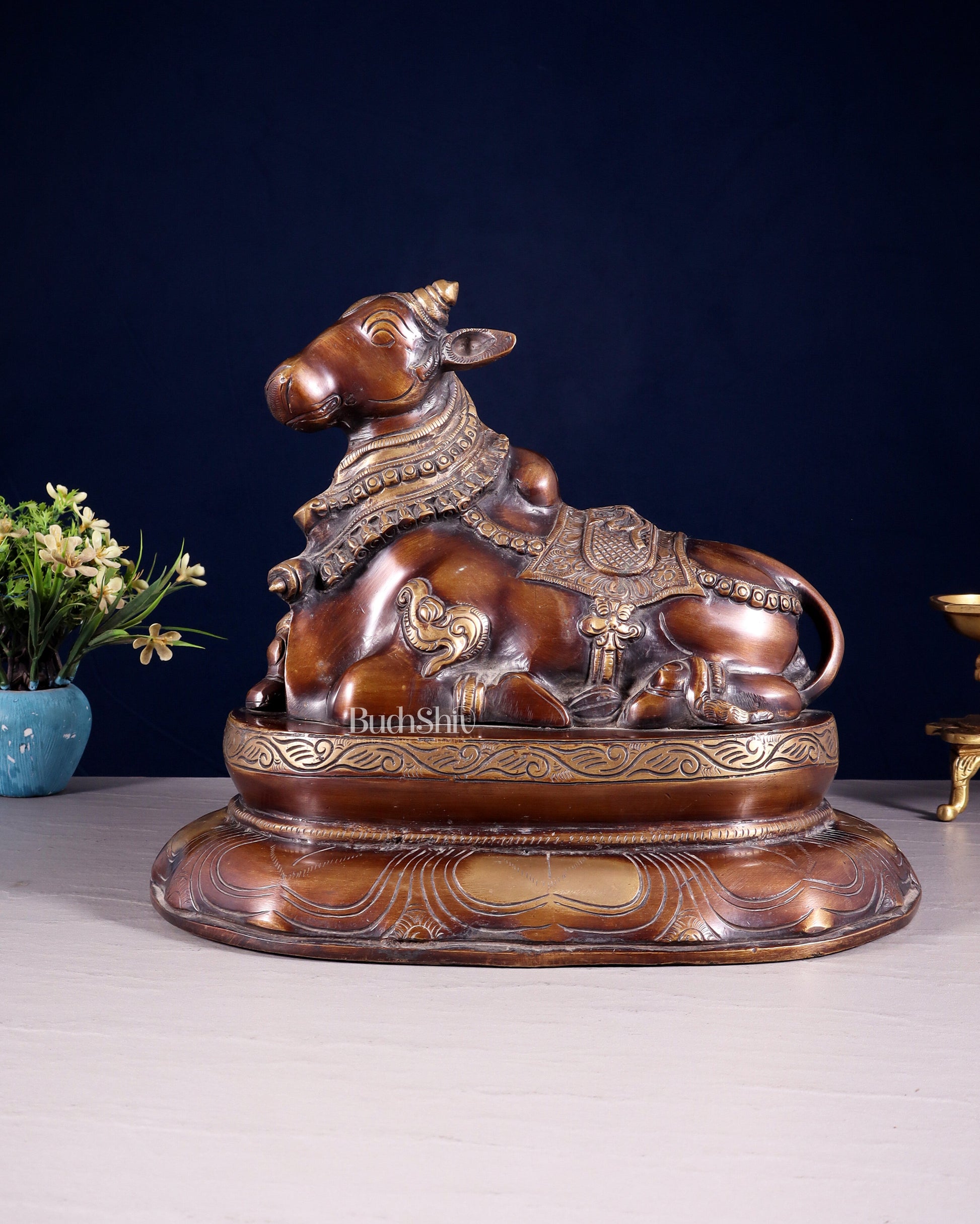 Pure Brass Nandi Idol on Engraved Base - 10-Inch - Sama Homes Idol - Brass Sculpture - Eco-friendly - Sama Homes