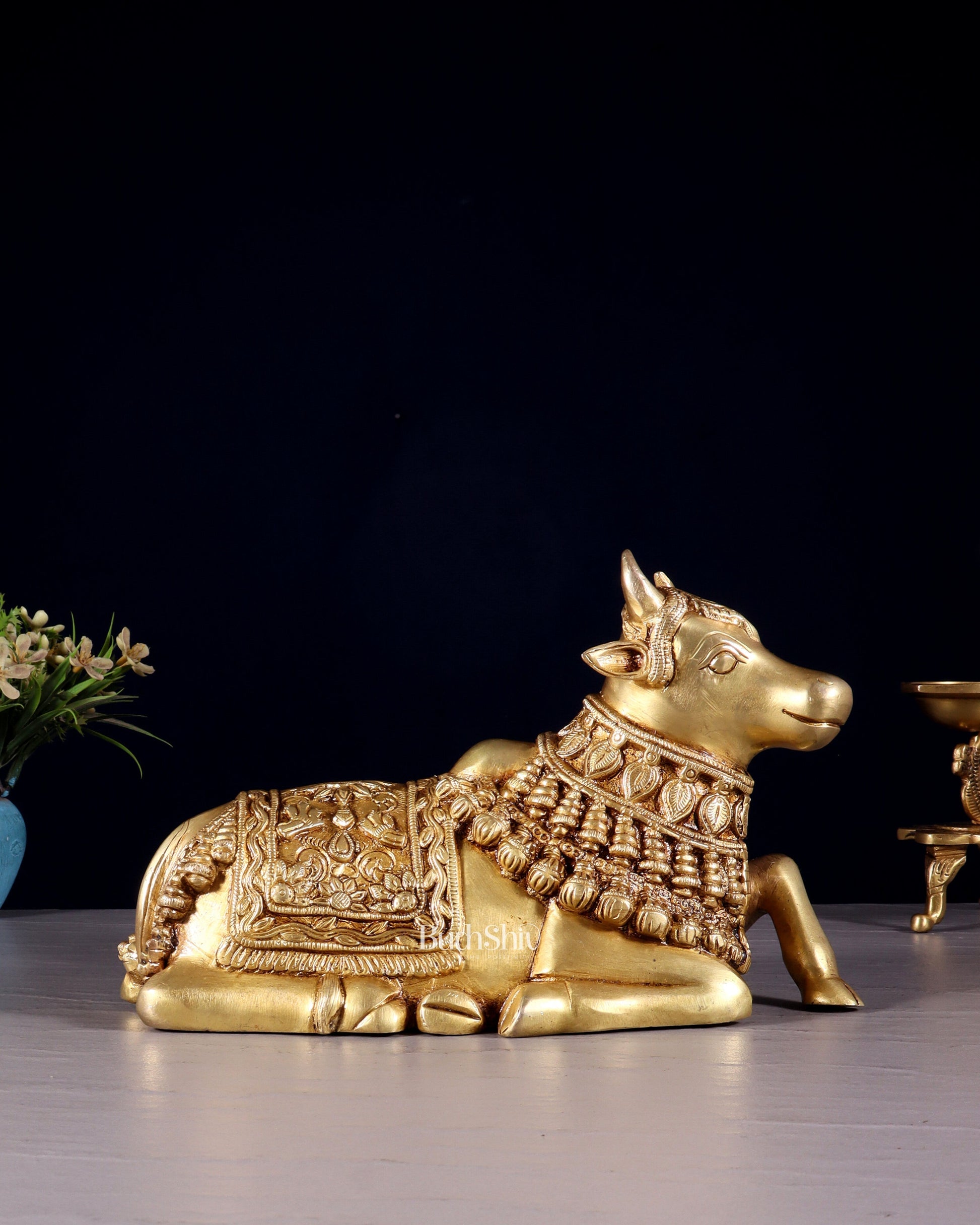 Pure Brass Engraved Nandi Statue – 10" butter gold - Sama Homes Idol - Brass Sculpture - Eco-friendly - Sama Homes