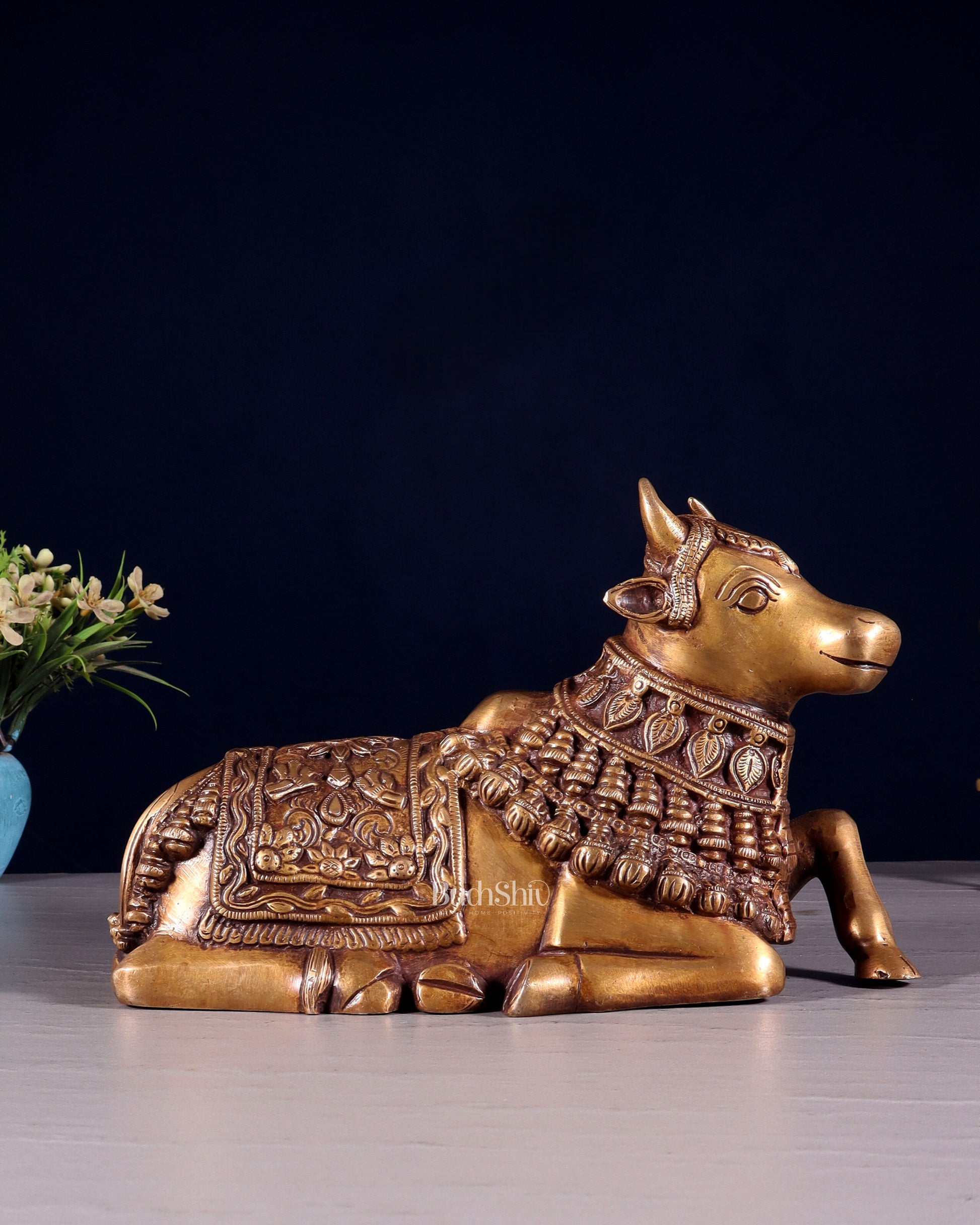 Pure Brass Engraved Nandi Statue – 10" antique tone - Sama Homes Idol - Brass Sculpture - Eco-friendly - Sama Homes