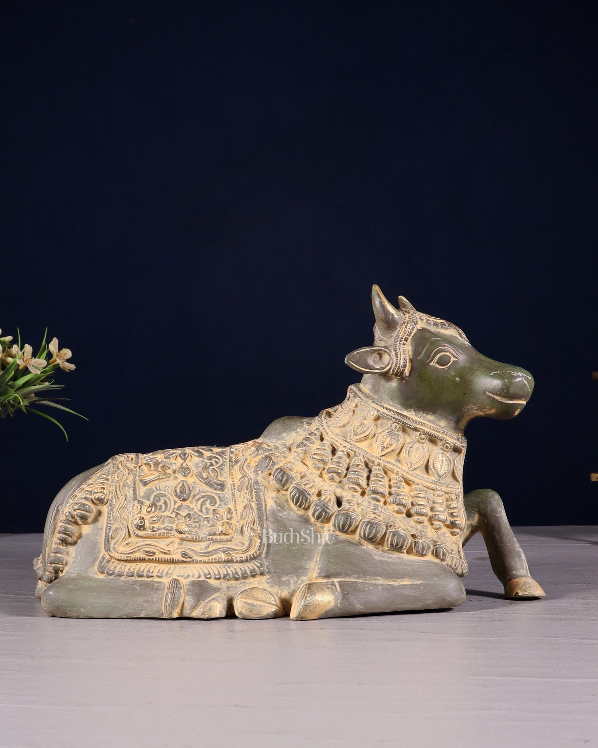 Pure Brass Engraved Nandi Statue – 10" Green Sand Patina - Sama Homes Idol - Brass Sculpture - Eco-friendly - Sama Homes