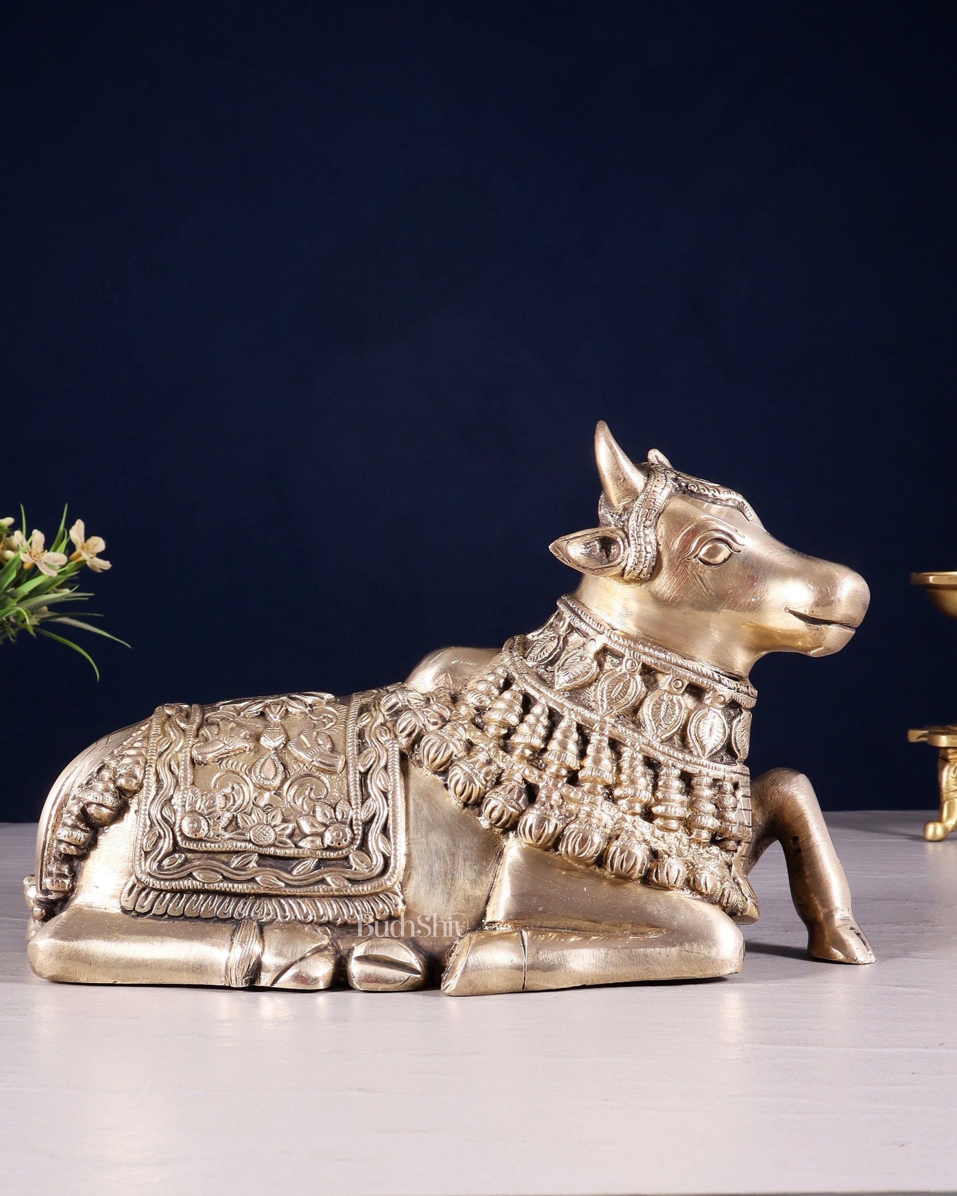 Pure Brass Engraved Nandi Statue – 10" Glossy - Sama Homes Idol - Brass Sculpture - Eco-friendly - Sama Homes