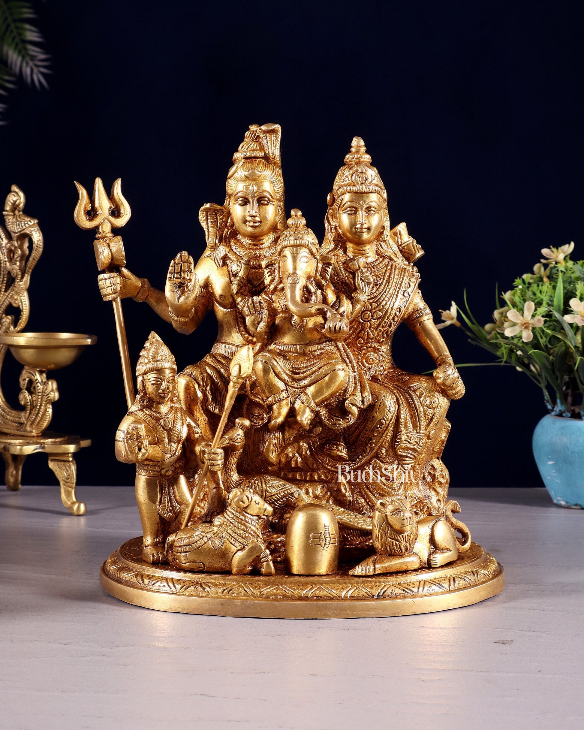 Handcrafted Brass Lord Shiva Parivaar Idol | 9.5" Height - Sama Homes Idol - Brass Sculpture - Eco-friendly - Sama Homes