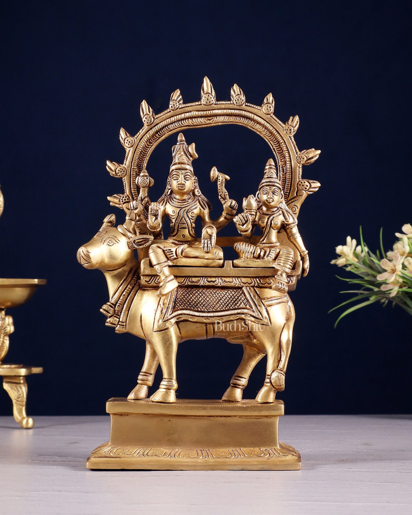 Brass Shiv Parvati seated on nandi Pradosh Nayagar 9" | 100% Certified Copper & Brass - Sama Homes Idol - Brass Sculpture