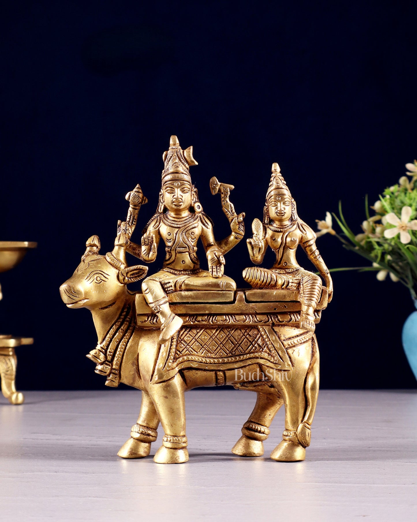 Exquisite Brass Shiva Parvati Seated on Nandi Statue - 6" Pradosh Idol - Sama Homes Idol - Brass Sculpture