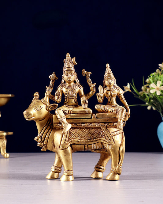 Exquisite Brass Shiva Parvati Seated on Nandi Statue - 6" Pradosh Idol - Sama Homes Idol - Brass Sculpture