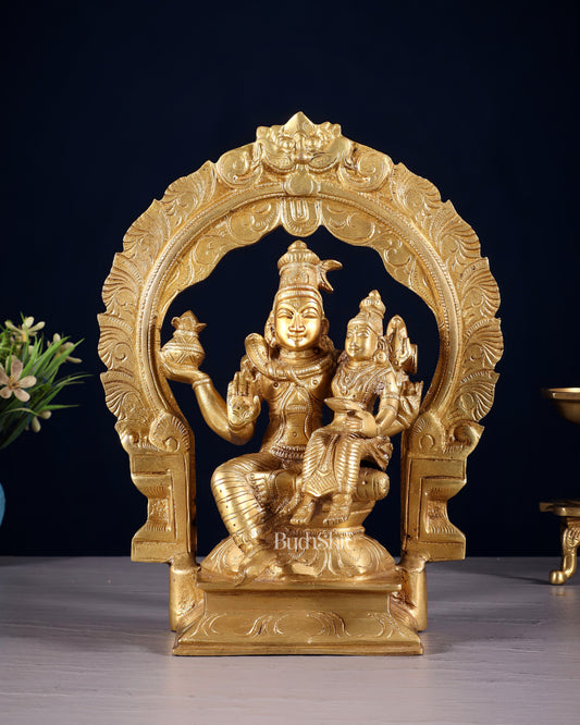 Brass Shiva Parvati Idol with Frame | 10 inch | 100% Certified Copper & Brass - Sama Homes Idol - Brass Sculpture