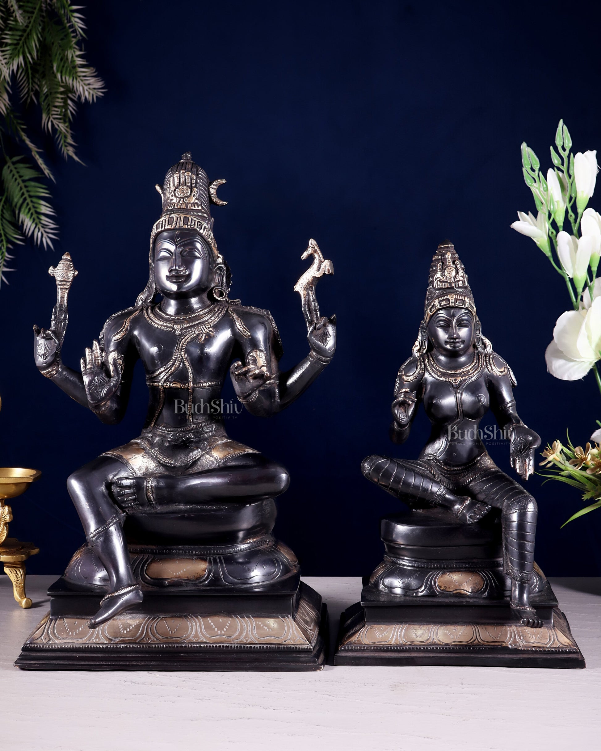 Brass Lord Shiva and Parvati Seated Idols 14.5" black and gold | 100% Certified Copper & Brass - Sama Homes Idol - Brass Sculpture - Eco-friendly - Sama Homes