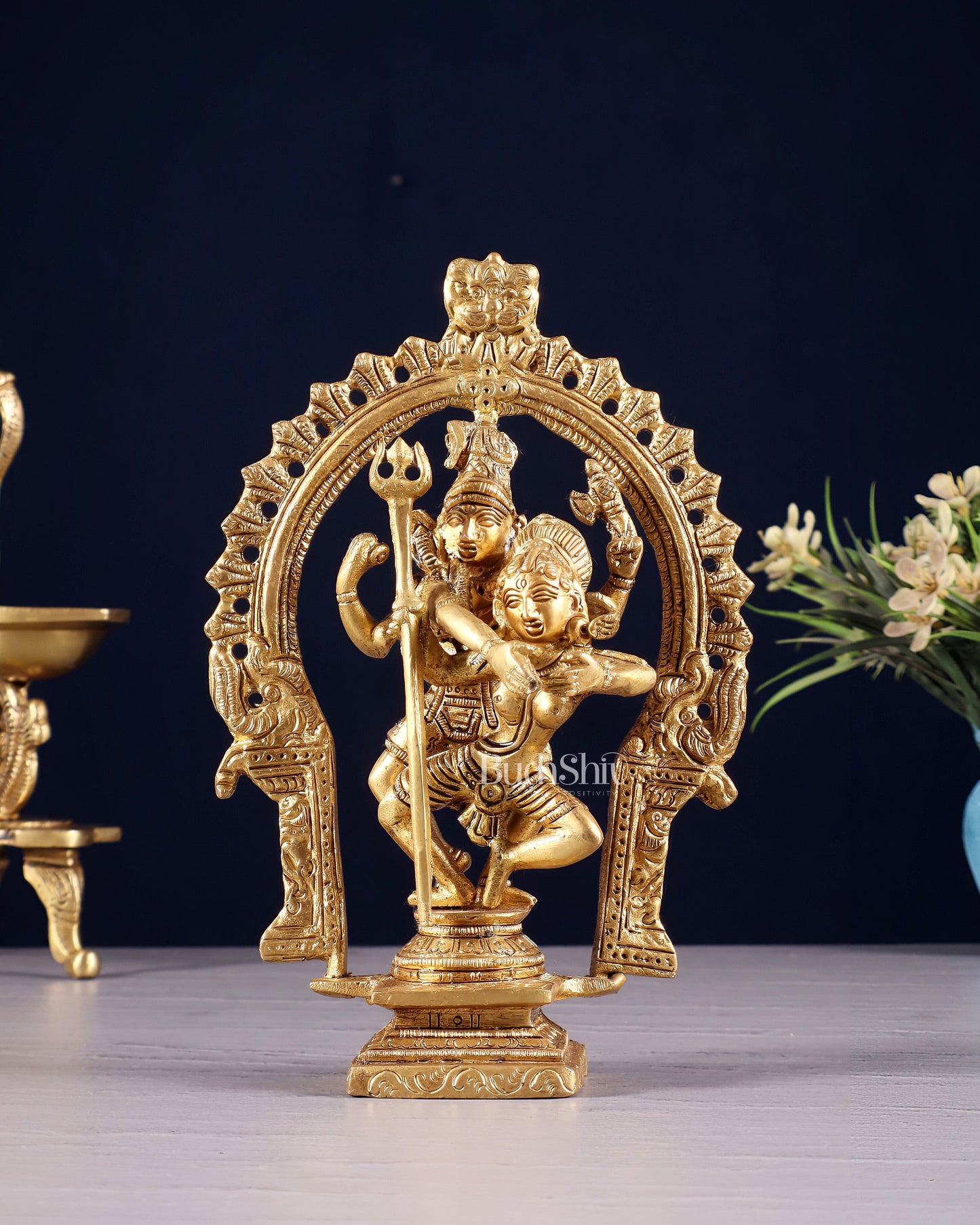 Pure Brass Dancing Shiva Parvati Idol with Prabhavali - 7.5" - Sama Homes Idol - Brass Sculpture