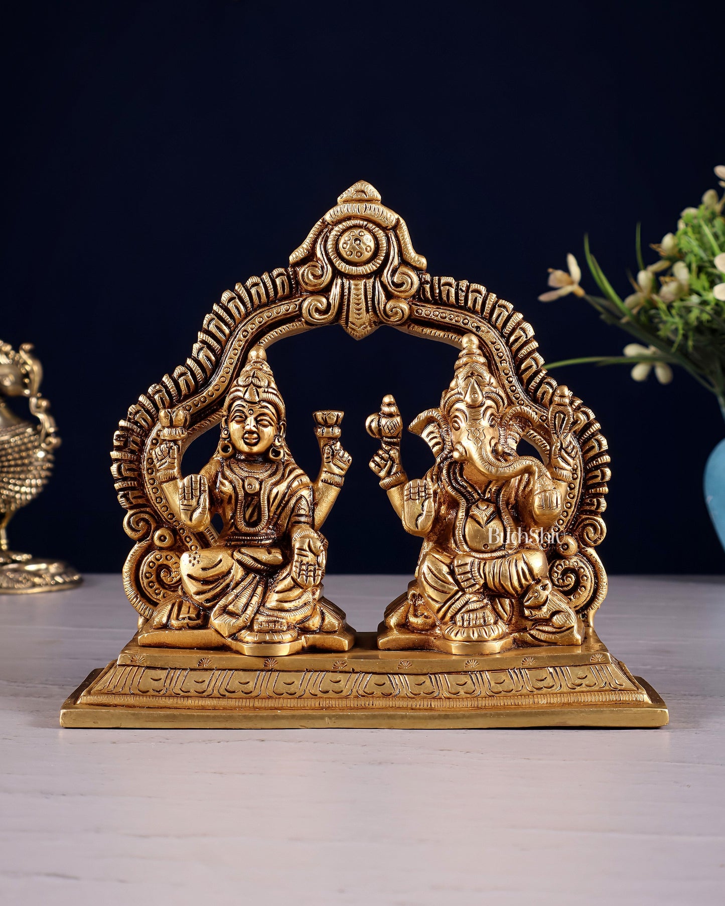 Pure Brass Lord Ganesha and Lakshmi Seated Together Idol - 5.5" - Sama Homes Idol - Brass Sculpture