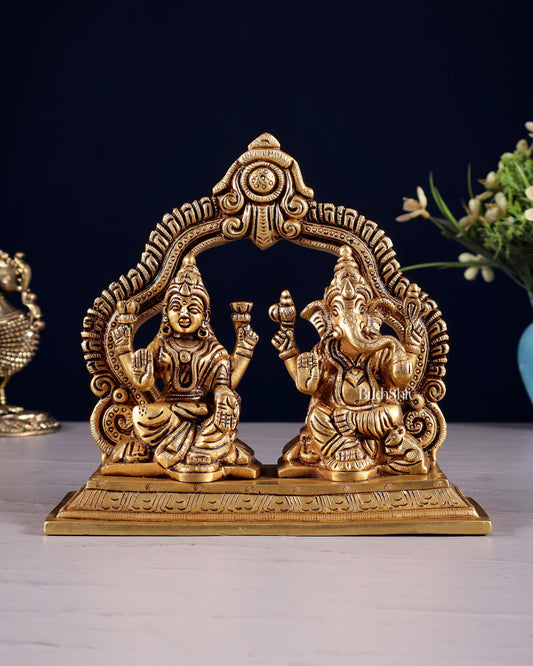 Pure Brass Lord Ganesha and Lakshmi Seated Together Idol - 5.5" - Sama Homes Idol - Brass Sculpture
