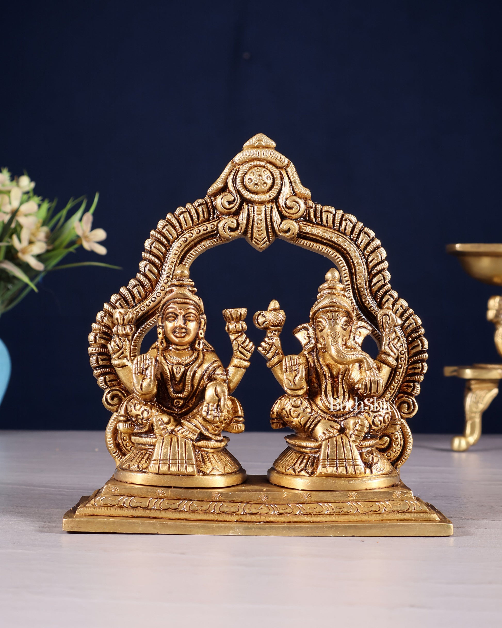 Pure Brass Lord Ganesha and Lakshmi Seated Together Idol - 5.5" - Sama Homes Idol - Brass Sculpture - Eco-friendly - Sama Homes
