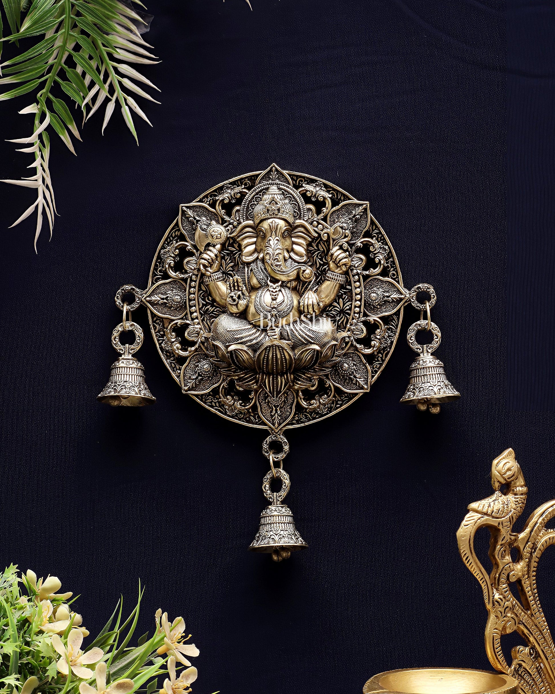 Auspicious Brass Ganesh Round Wall Hanging with Bells 7" | 100% Certified Copper & Brass - Sama Homes Idol - Brass Sculpture - Eco-friendly - Sama Homes