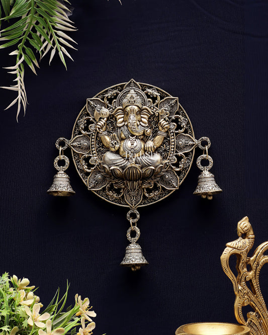 Auspicious Brass Ganesh Round Wall Hanging with Bells 7" | 100% Certified Copper & Brass - Sama Homes Idol - Brass Sculpture