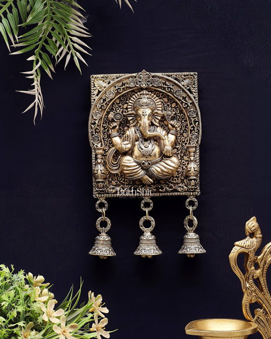 Brass Ganesh Square Frame Wall Hanging 7" | 100% Certified Copper & Brass - Sama Homes Idol - Brass Sculpture