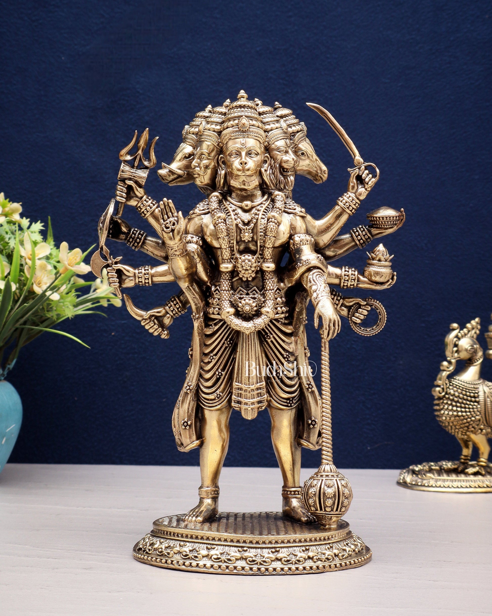 Brass Superfine Intricate Standing Panchmukhi Hanuman Idol 8" - Sama Homes Idol - Brass Sculpture - Eco-friendly - Sama Homes