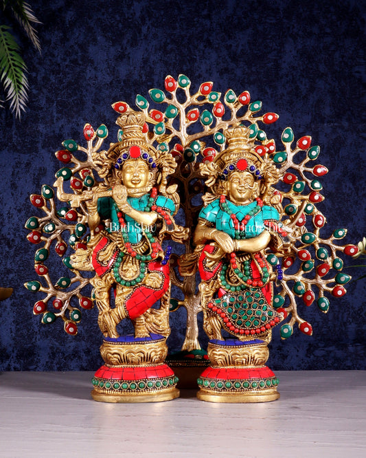 Divine Radha Krishna with Kalpavriksha Tree – Brass Set with Meenakari Stonework 11" - Sama Homes Idol - Brass Sculpture