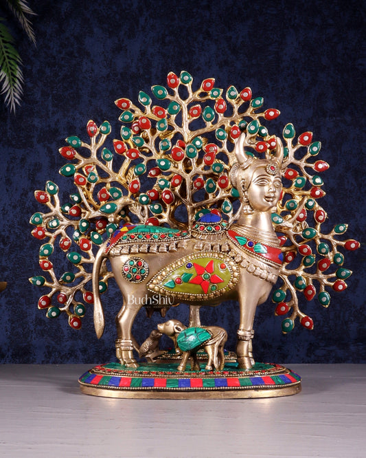Divine Kamdhenu Cow with Calf and Kalpavriksha Tree – Brass Idol with Meenakari Work 11"