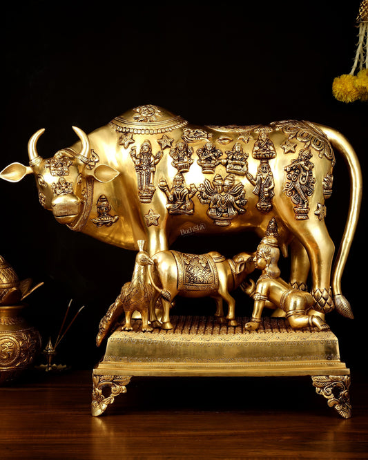 Brass Kamdhenu Large Cow with Calf, bal gopal and engraved deities 20"