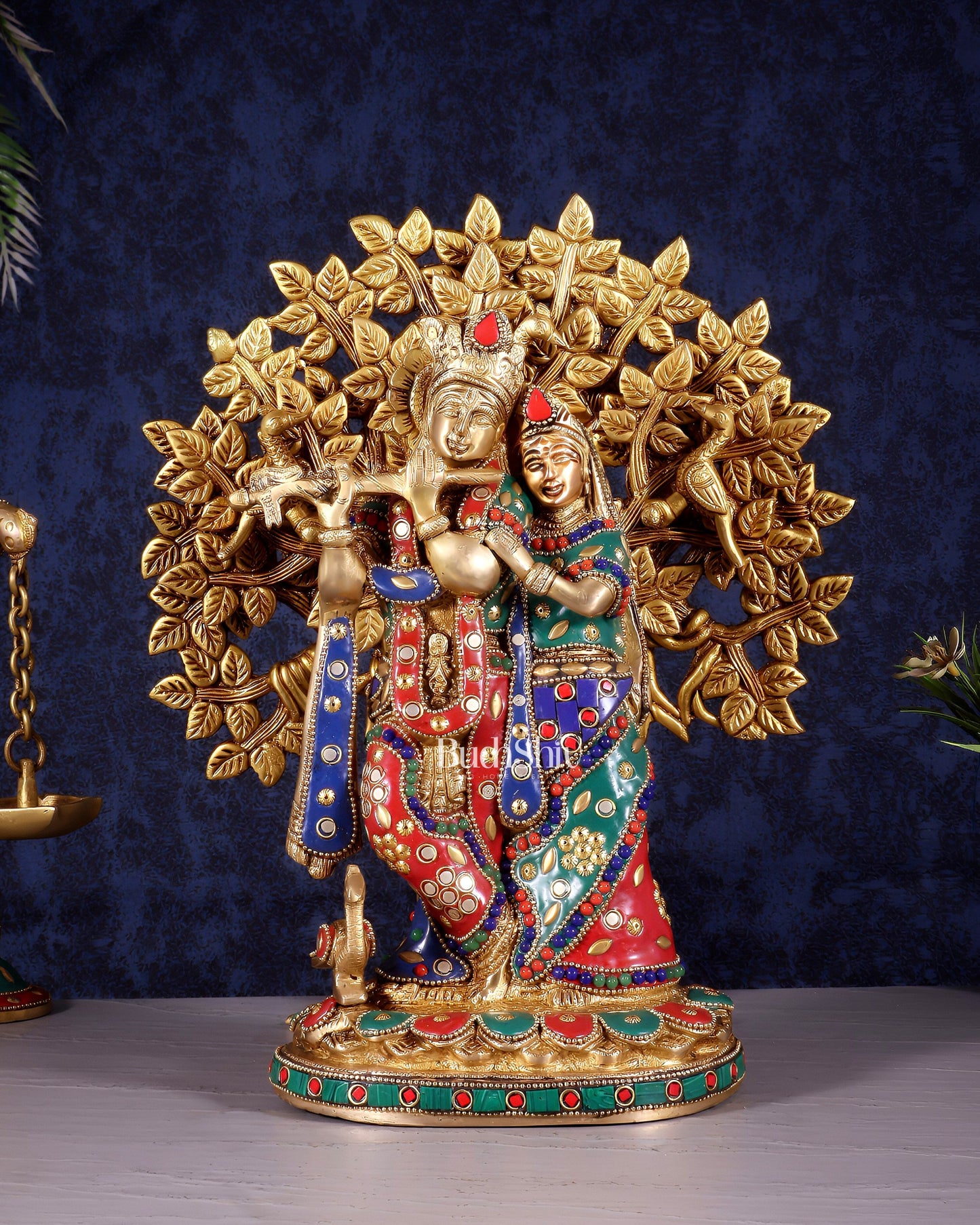 Divine Brass Radha Krishna with Kalpavriksha Tree of Life – Meenakari Stonework Set 12" - Sama Homes Idol - Brass Sculpture