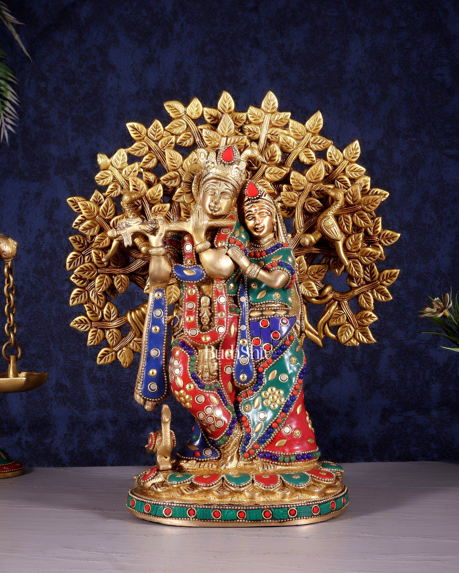 Divine Brass Radha Krishna with Kalpavriksha Tree of Life – Meenakari Stonework Set 12" - Sama Homes Idol - Brass Sculpture - Eco-friendly - Sama Homes