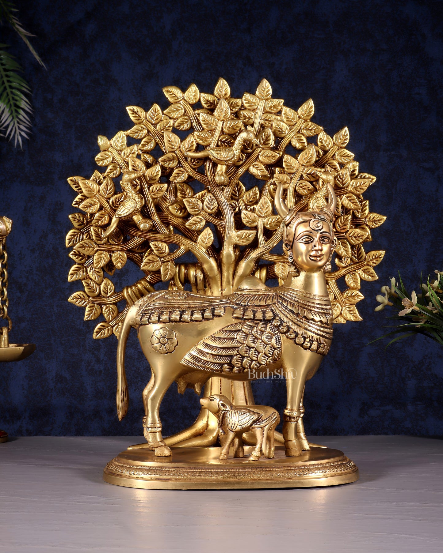 Kamdhenu Cow with Calf and Kalpavriksha Tree of Life – Antique Finish Brass Set 12"