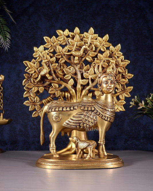 Kamdhenu Cow with Calf and Kalpavriksha Tree of Life – Antique Finish Brass Set 12"