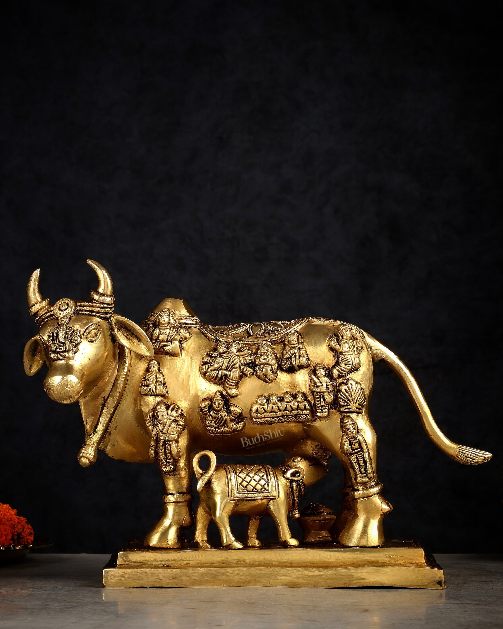 Superfine Brass Engraved Kamdhenu Cow with Calf - Murti 10" - Eco-friendly - Sama Homes