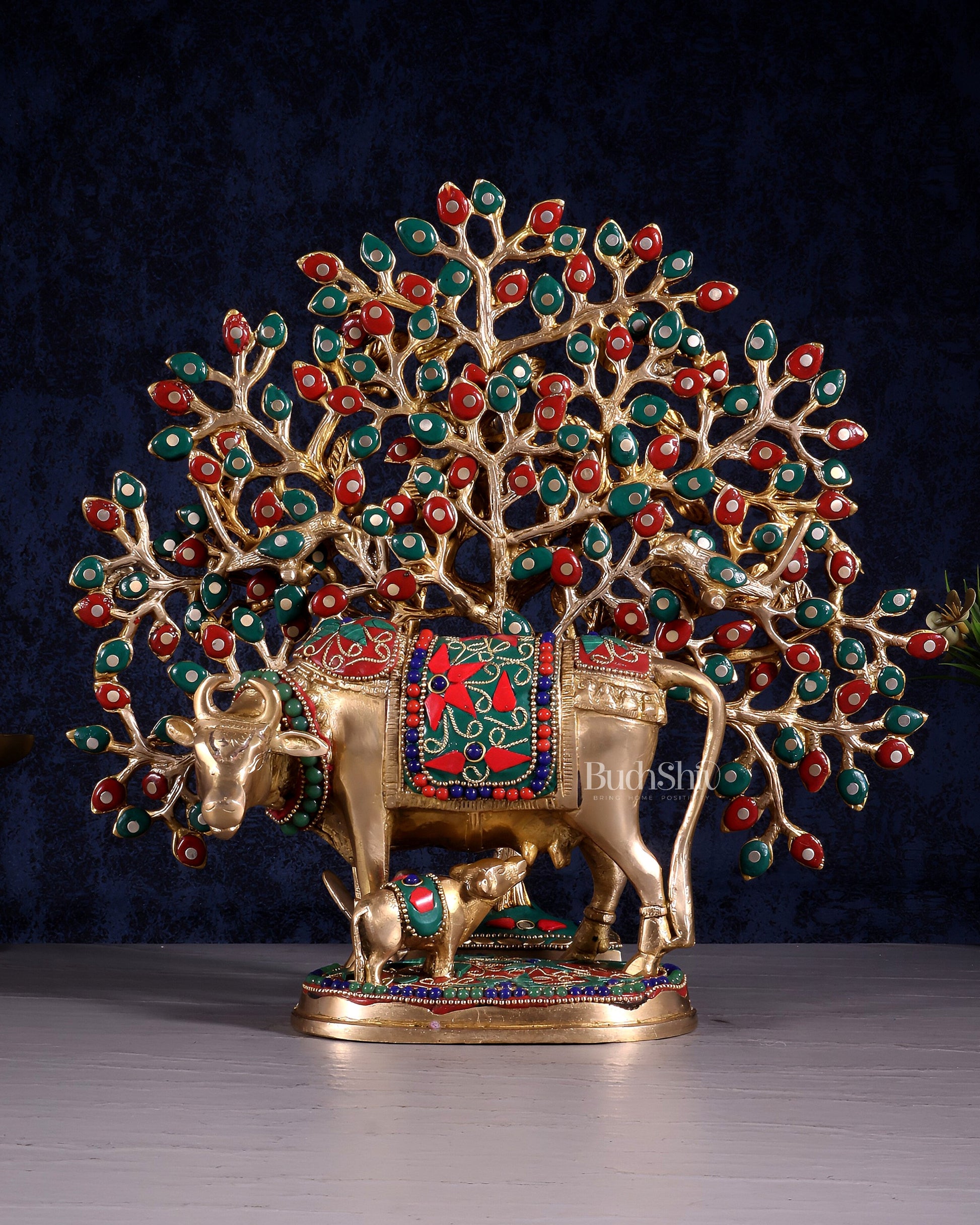 Brass Kamdhenu Cow with Calf & Kalpavriksha Tree of Life Combo – Meenakari Stonework 11" - Eco-friendly - Sama Homes