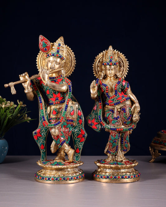 Pure Brass Radha Krishna Idol with Floral Stonework – 12 Inch - Sama Homes Idol - Brass Sculpture